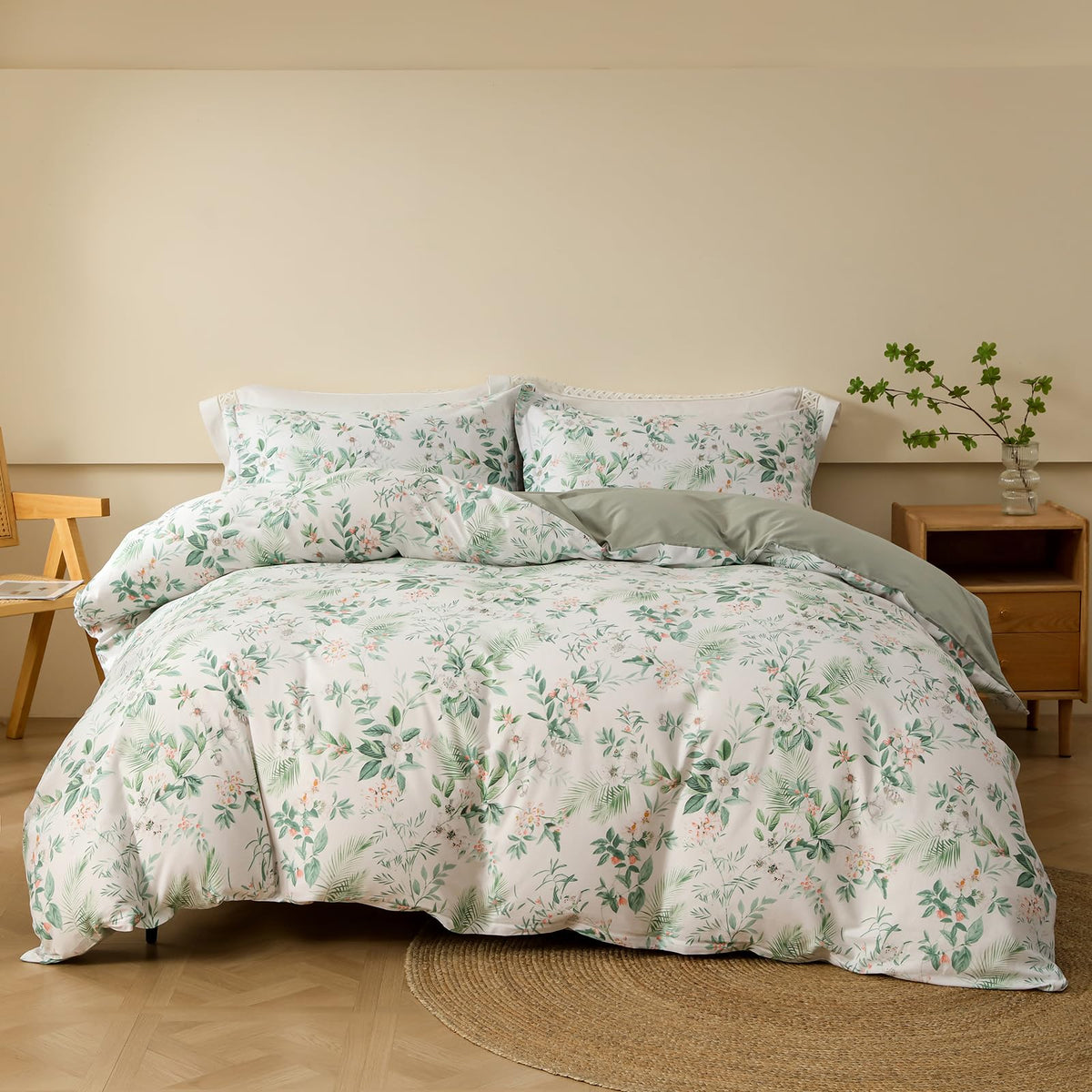 OAITE Queen Duvet Cover Set 3pcs 100% Cotton Blue Leaf