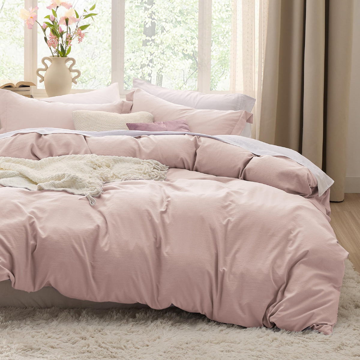 Bedsure Prewashed Duvet Cover Queen, Cotton-Like Soft Bedding Set, Beige
