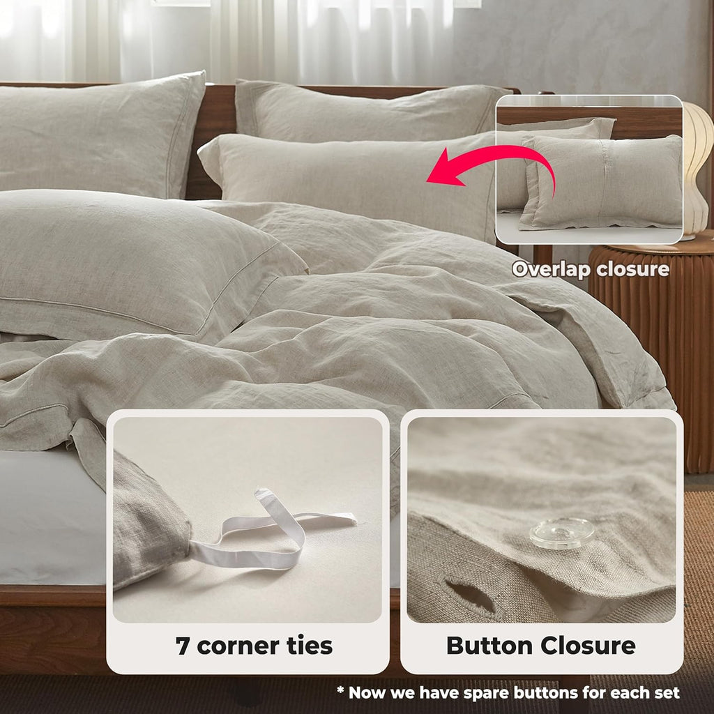 Simple&Opulence 100% French Linen Duvet Cover Set with Embroidered,3 Pcs Washed Soft Farmhouse Bedding Set with Button Closure,1 Comforter Cover and 2 Pillowshams(King,Natural Linen)