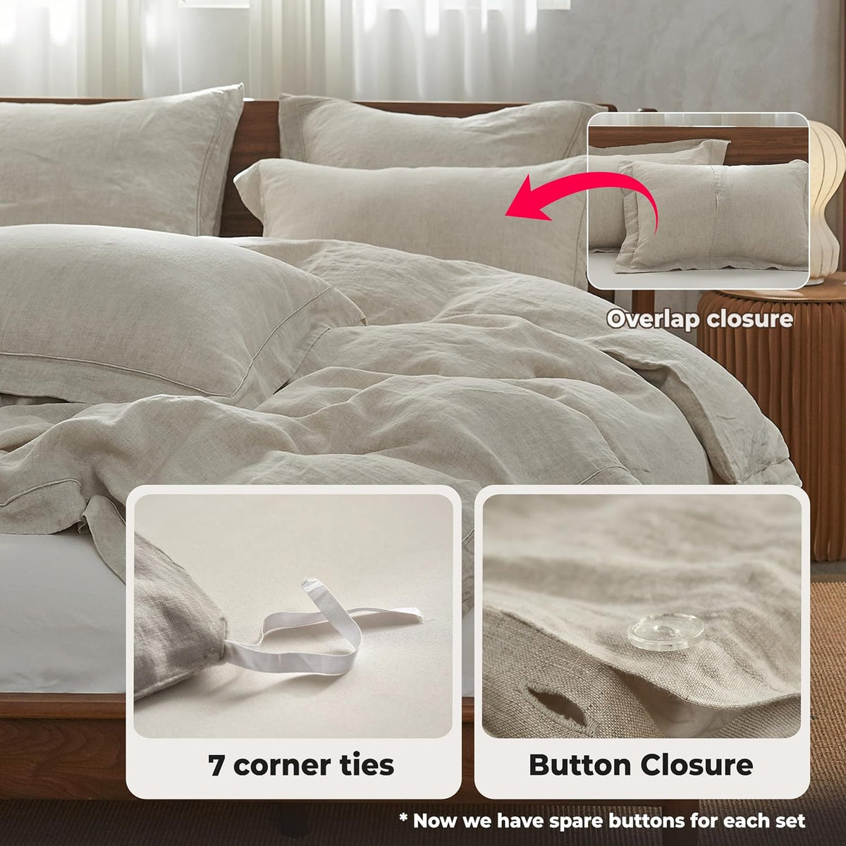 Simple&Opulence 100% French Linen Duvet Cover Set with Embroidered,3 Pcs Washed Soft Farmhouse Bedding Set with Button Closure,1 Comforter Cover and 2 Pillowshams(King,Natural Linen)