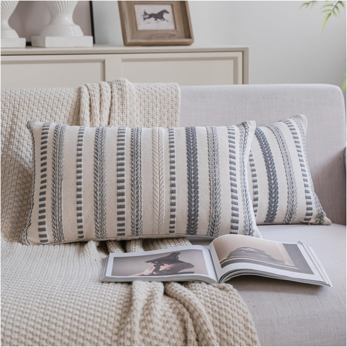 Cethom Blue and Beign Boho Throw Pillow Covers 18x18 Inch Set of 2, Stripe Textured Decorative Couch Pillow Cases for Bed, Sofa, Living Room, Bedroom, Farmhouse Home Accent Cushion Covers