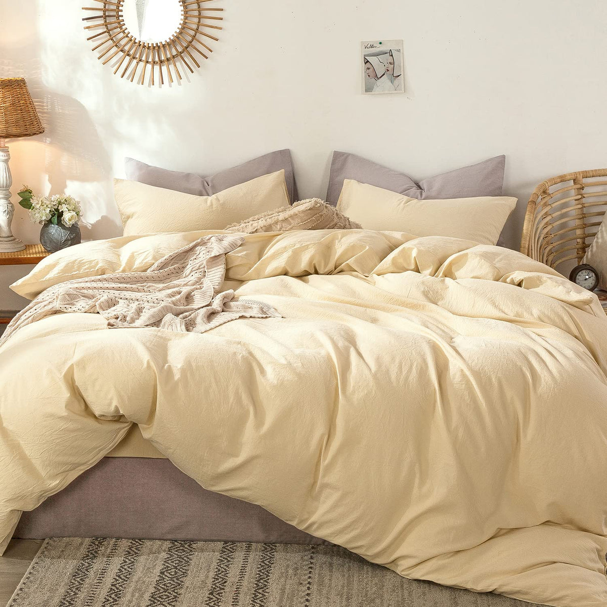 MooMee Duvet Cover Set 100% Washed Cotton Linen Like King