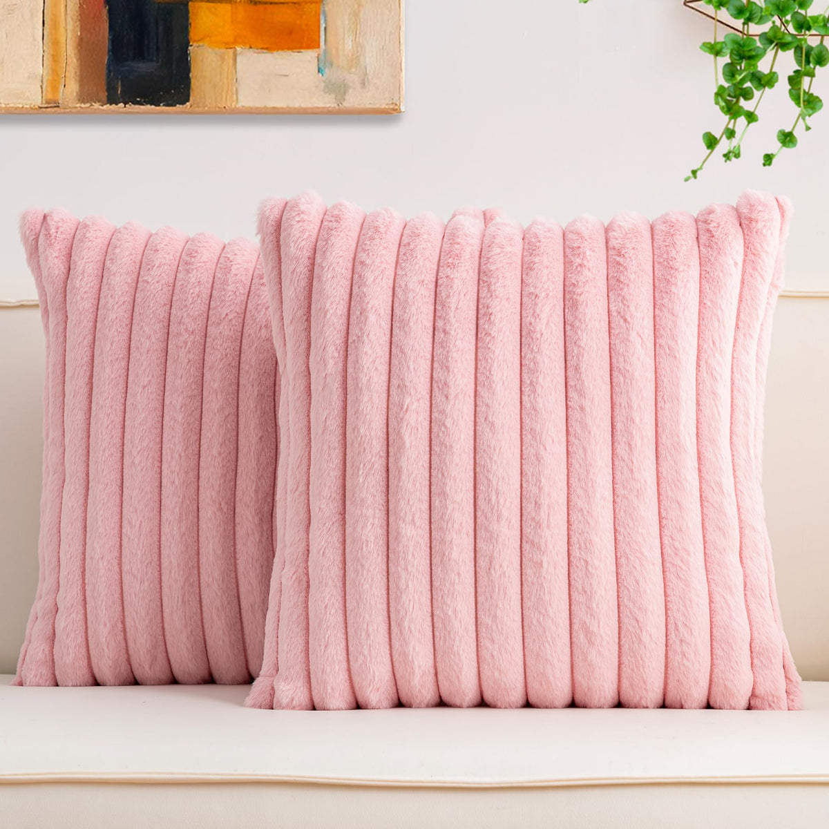 Aegero Pack of 2 Faux Fur Christmas Throw Pillow Covers 18x18 Inch, Pink