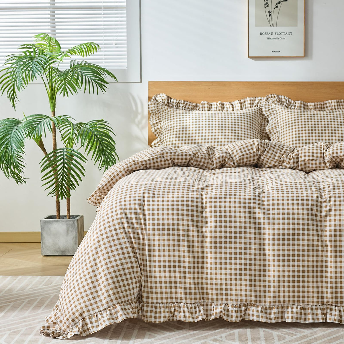 Gingham Duvet Cover Queen Size, 3 Pieces Soft Breathable Microfiber Plaid Duvet Cover with Zipper Closure & 2 Pillow Shams, Ruffle Farmhouse Vintage Decor, Sage Green
