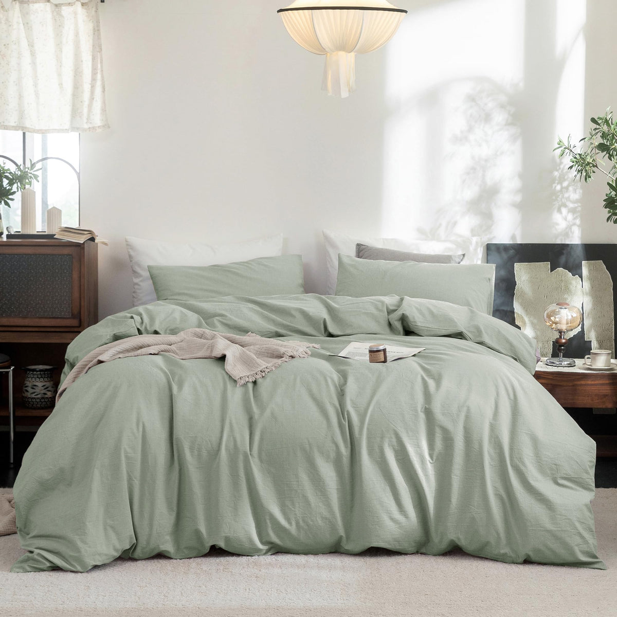 FOSSA Duvet Cover Set 100% Washed Cotton Linen Feel Queen
