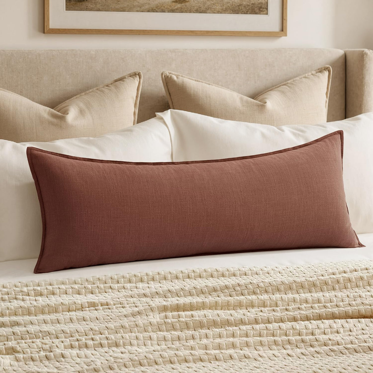 MIULEE Decorative Linen Lumbar Pillow Cover 14x36 Inch Natural Beige