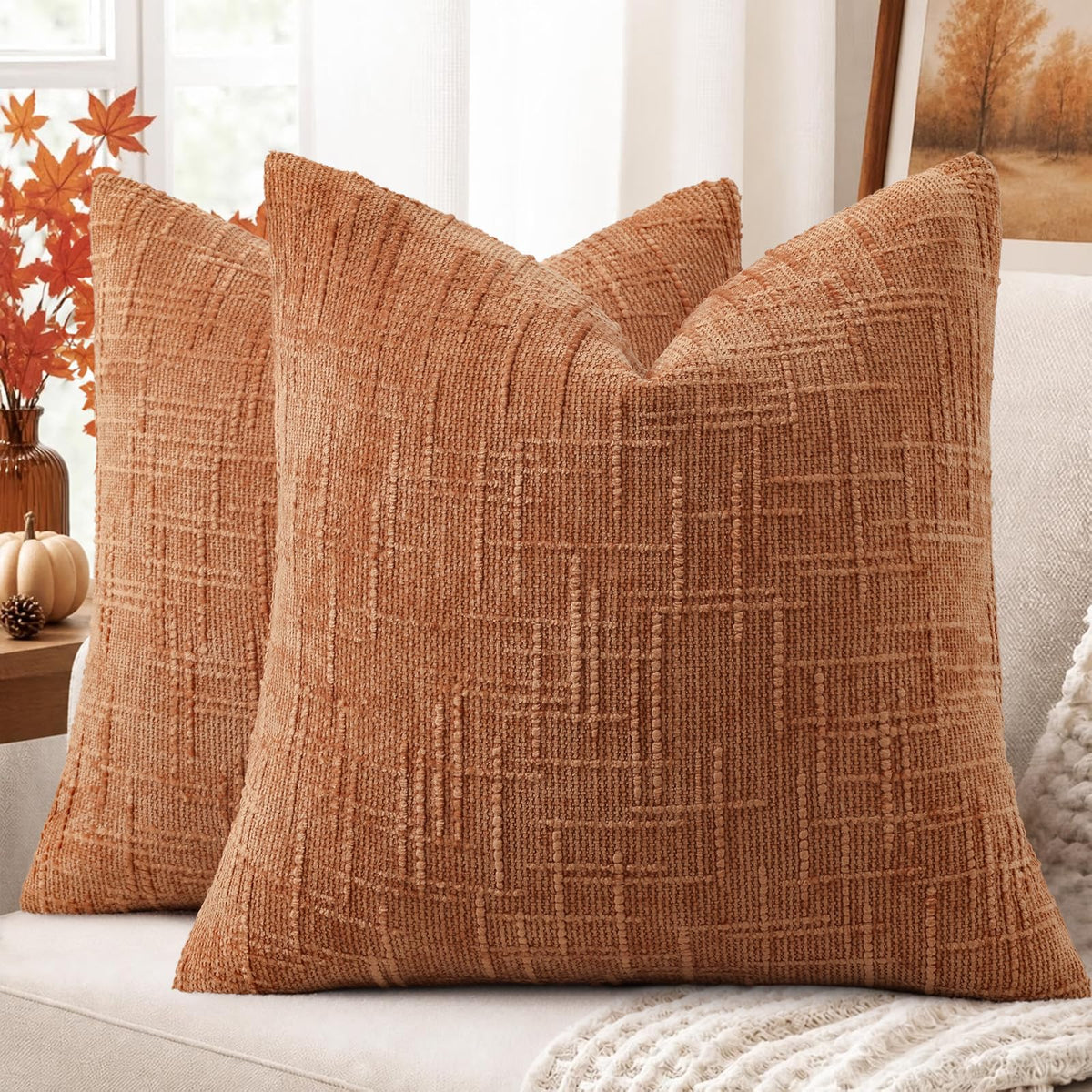 decorUhome Textured Chenille Throw Pillow Covers 18x18 Set of 2 Rust