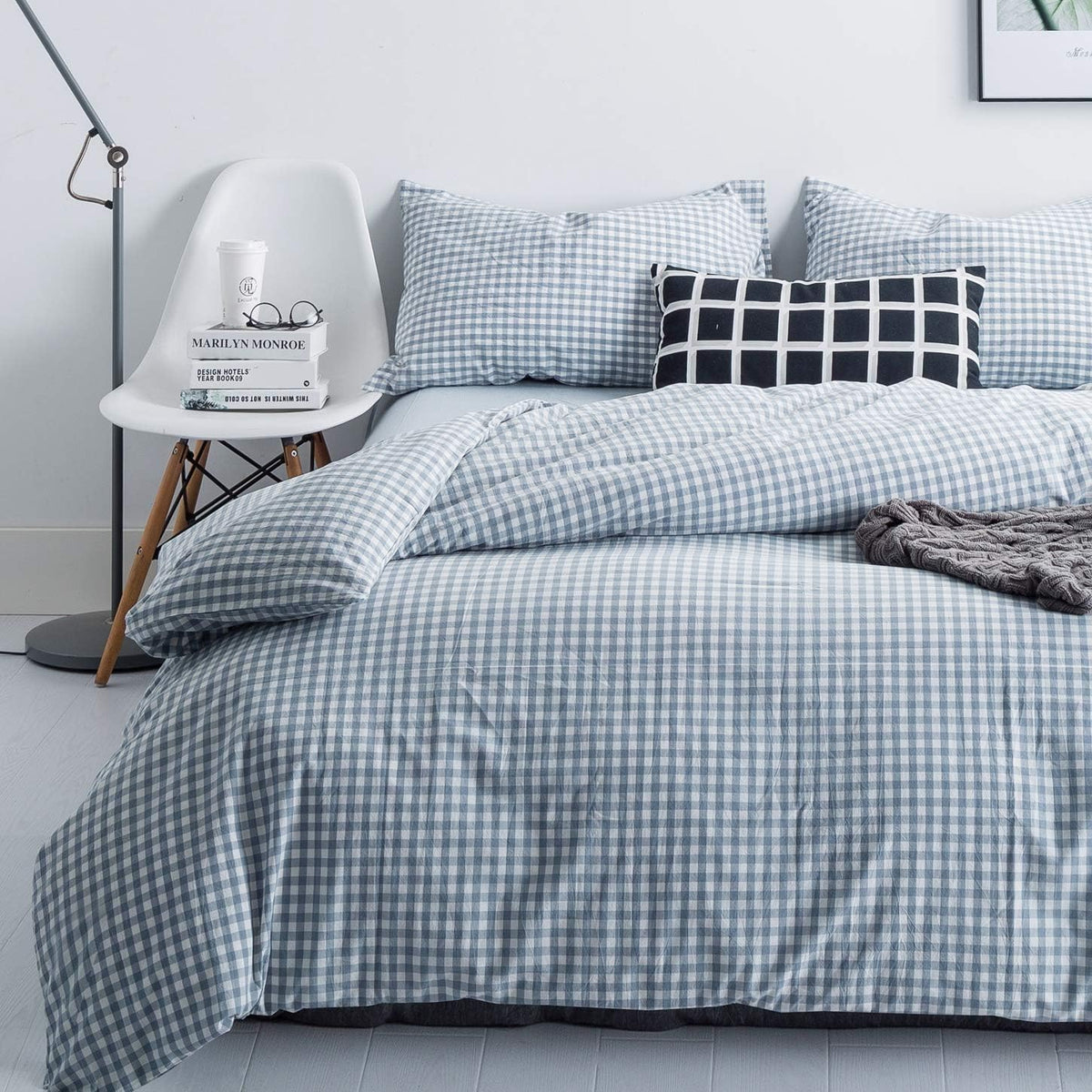 SUSYBAO Light Blue Gingham Duvet Cover Queen 100% Washed Cotton Blue Plaid Duvet Cover Set 3 Pieces 1 Blue Grid Duvet Cover with Zipper Ties 2 Pillow Cases Luxury Gingham Plaid Bedding Set Breathable