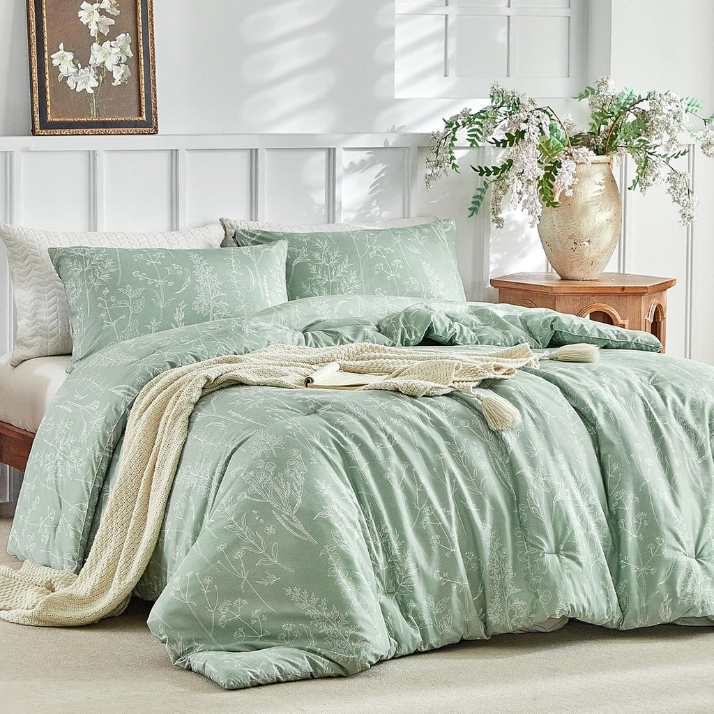 Lekesky Floral Duvet Cover Queen Size 3-Piece, Sage Green