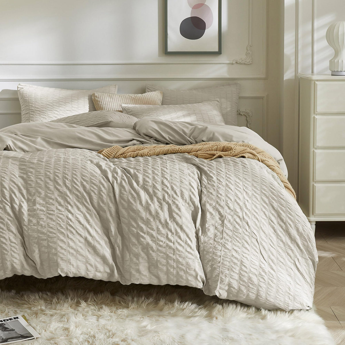 JELLYMONI White Seersucker Duvet Cover Set Queen Size