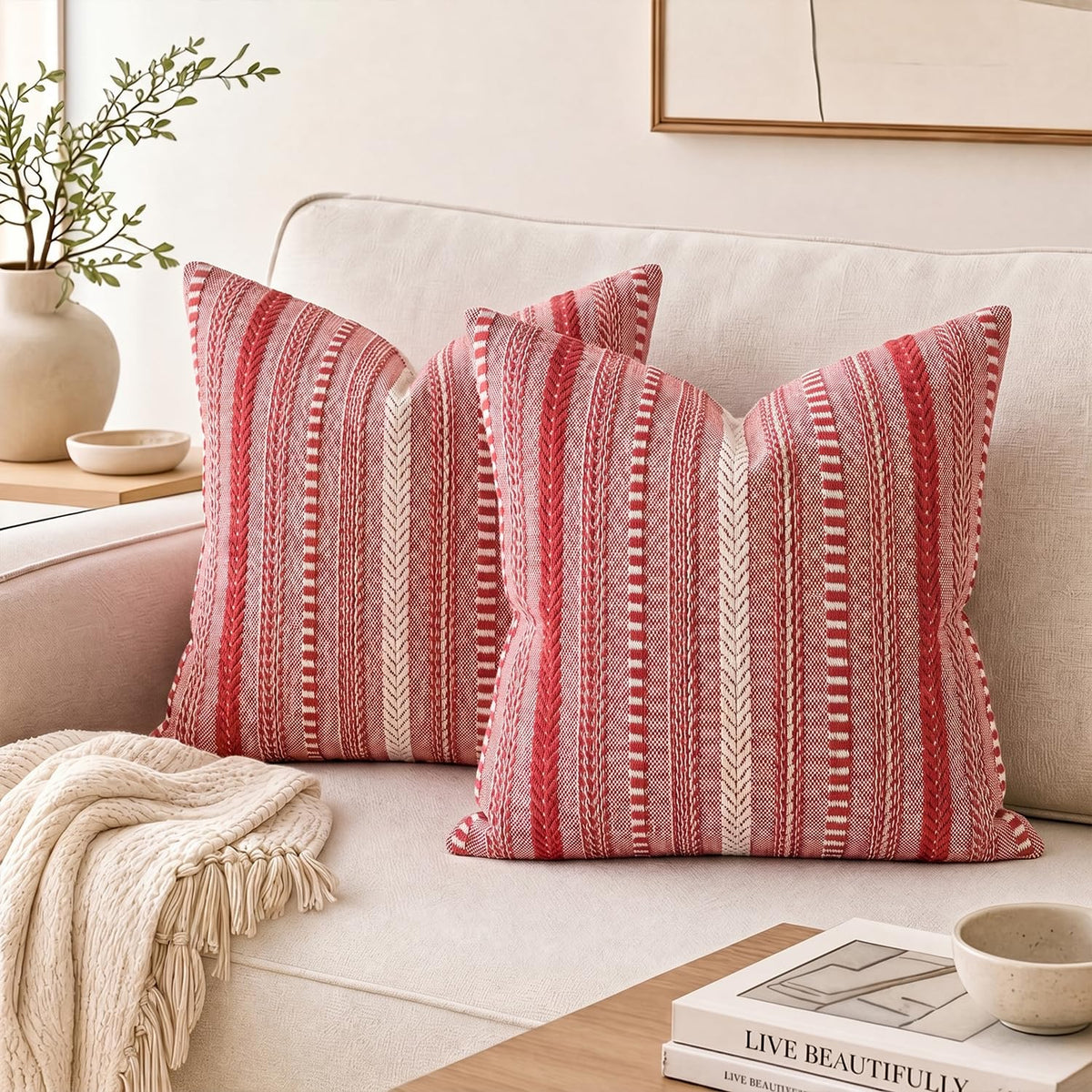 AVOIN colorlife Pink Boho Decorative Throw Pillow Covers Set of 2, 18 x 18 Inch Woven Stripe Textured Rustic Cushion Case Home Decor for Living Room Couch Sofa