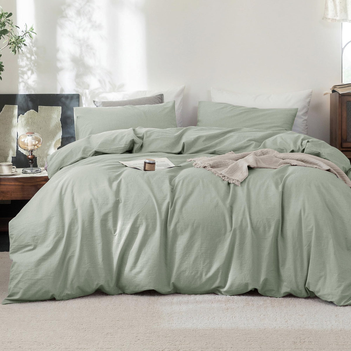FOSSA Duvet Cover Set 100% Washed Cotton Linen Feel Queen