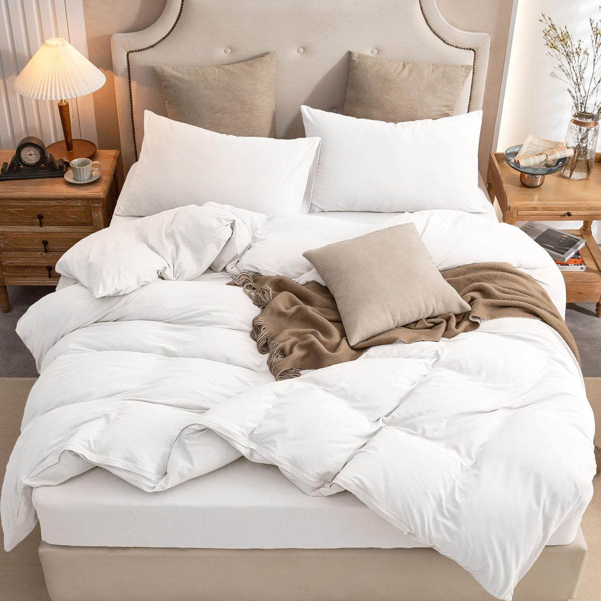 PURE ERA Jersey Knit Duvet Cover Set 100% T-Shirt Cotton Super Soft Comfy 3pc Bedding Set with Zipper Closure (Heather Beige, Queen)
