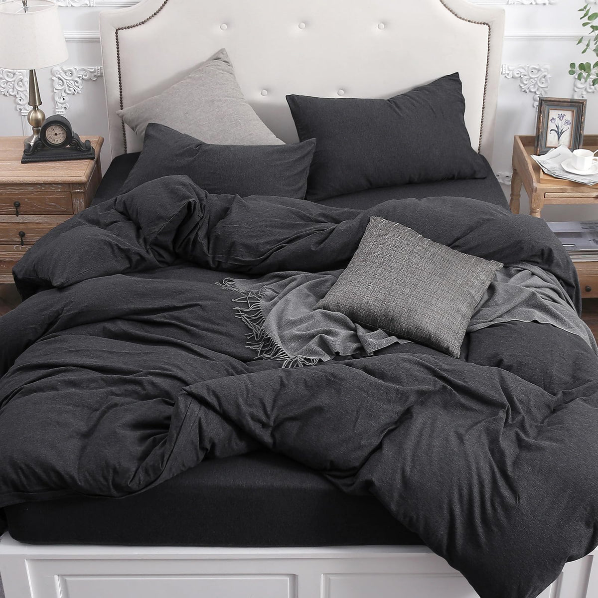 PURE ERA Jersey Knit Duvet Cover Set 100% T-Shirt Cotton Super Soft Comfy 3pc Bedding Set with Zipper Closure (Heather Beige, Queen)