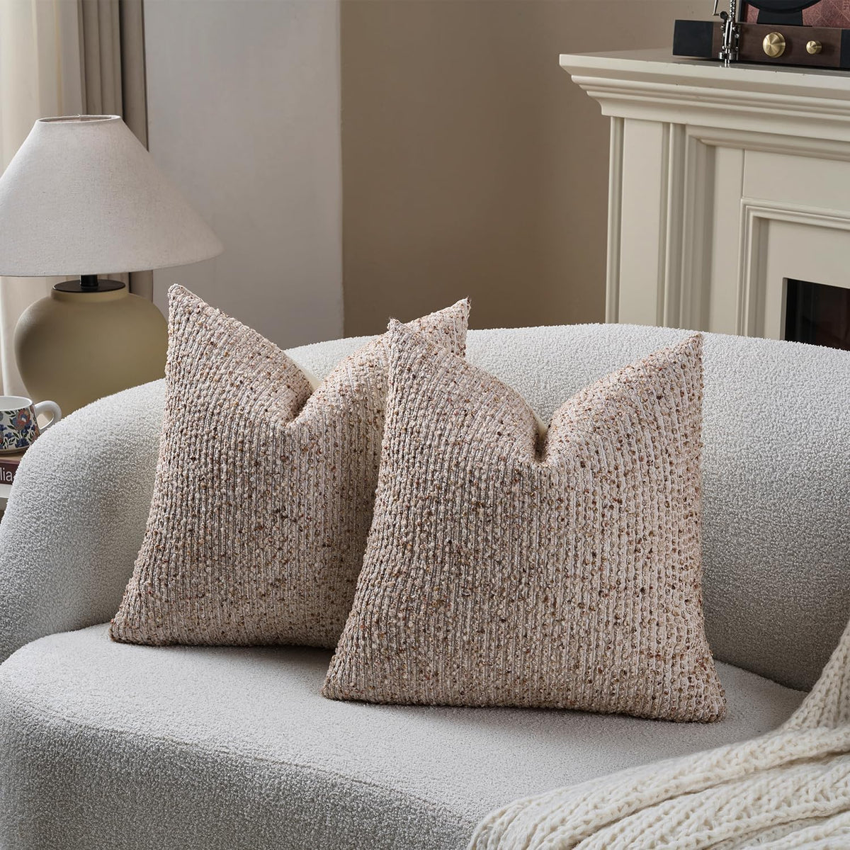 DEZENE Striped Throw Pillow Covers 18x18 Set of 2 Beige Textured Boucle Chic Morden Boho Accent Farmhouse Square Decorative Couch Pillow Covers for Home Decor Bed Sofa Living Room