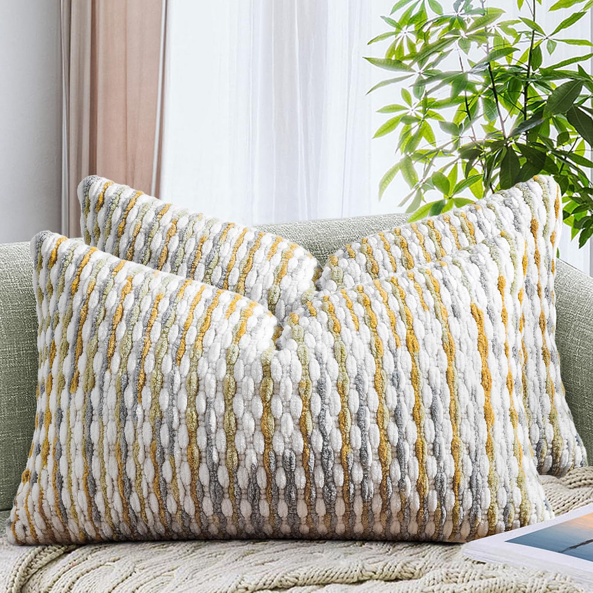 AmHoo Set of 2 Boho Chenille Pillow Cover,18 x 18-Inch Brown