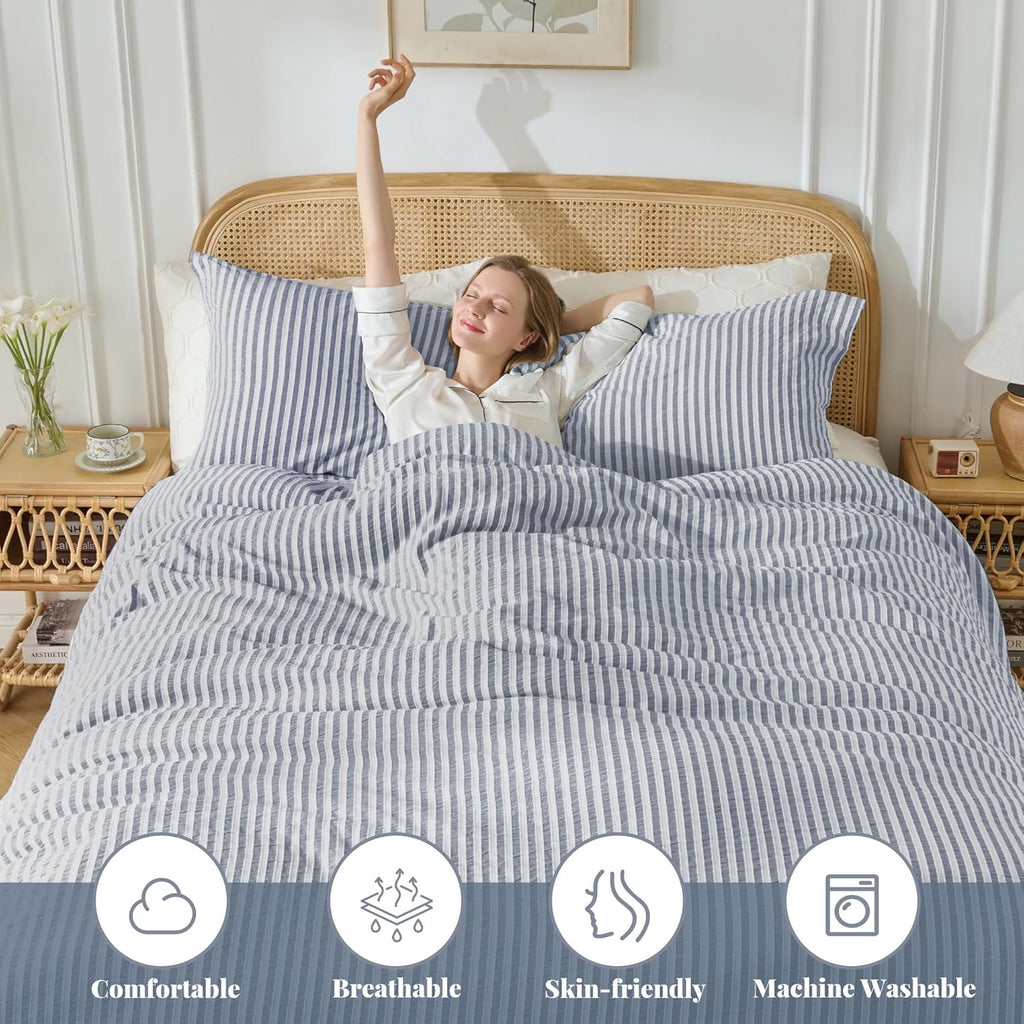 MILDLY Jacquard Striped Duvet Cover Set 3pcs Dual Zipper Blue Queen