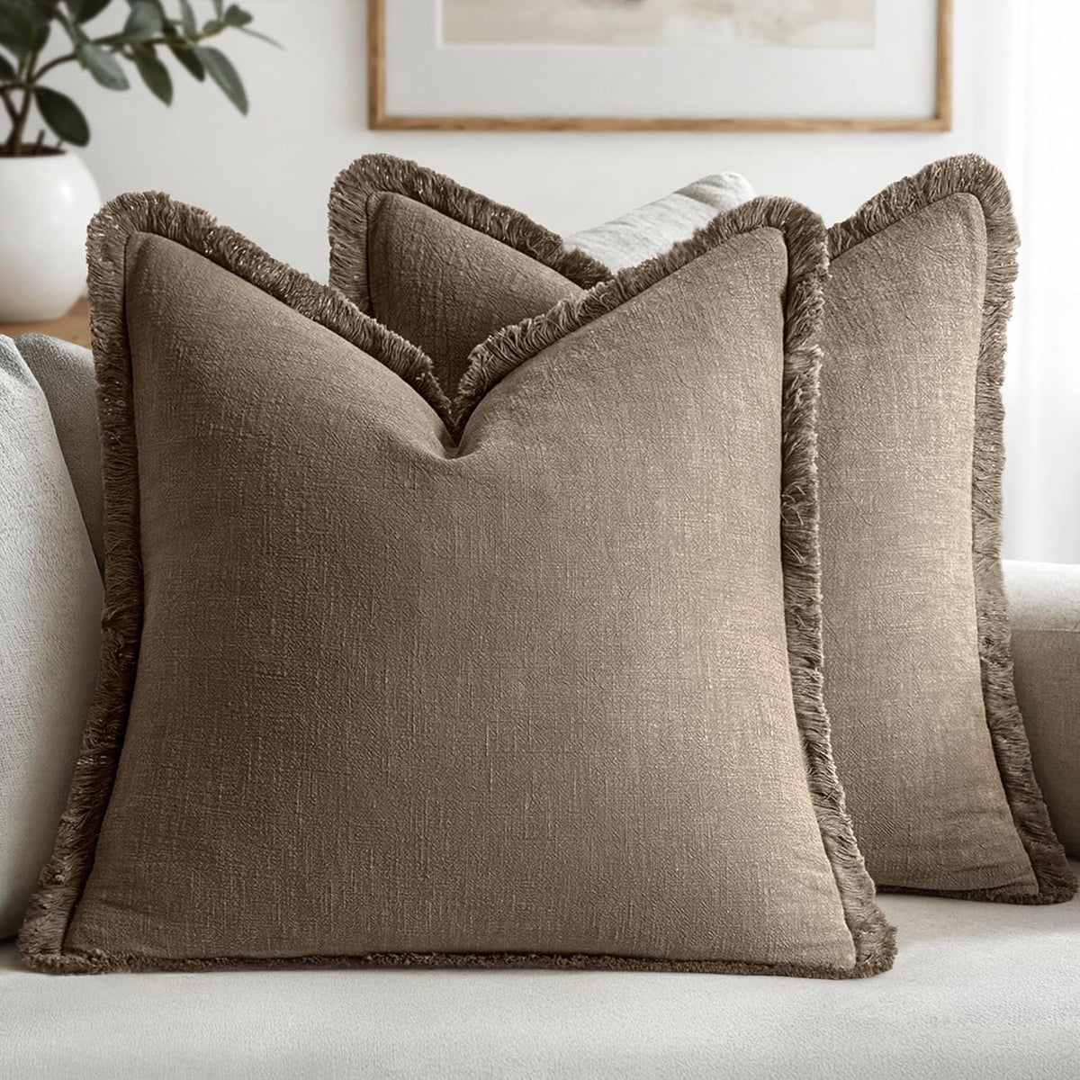 MIULEE Boho Linen Fringe Decorative Throw Pillow Covers Olive Green 20x20