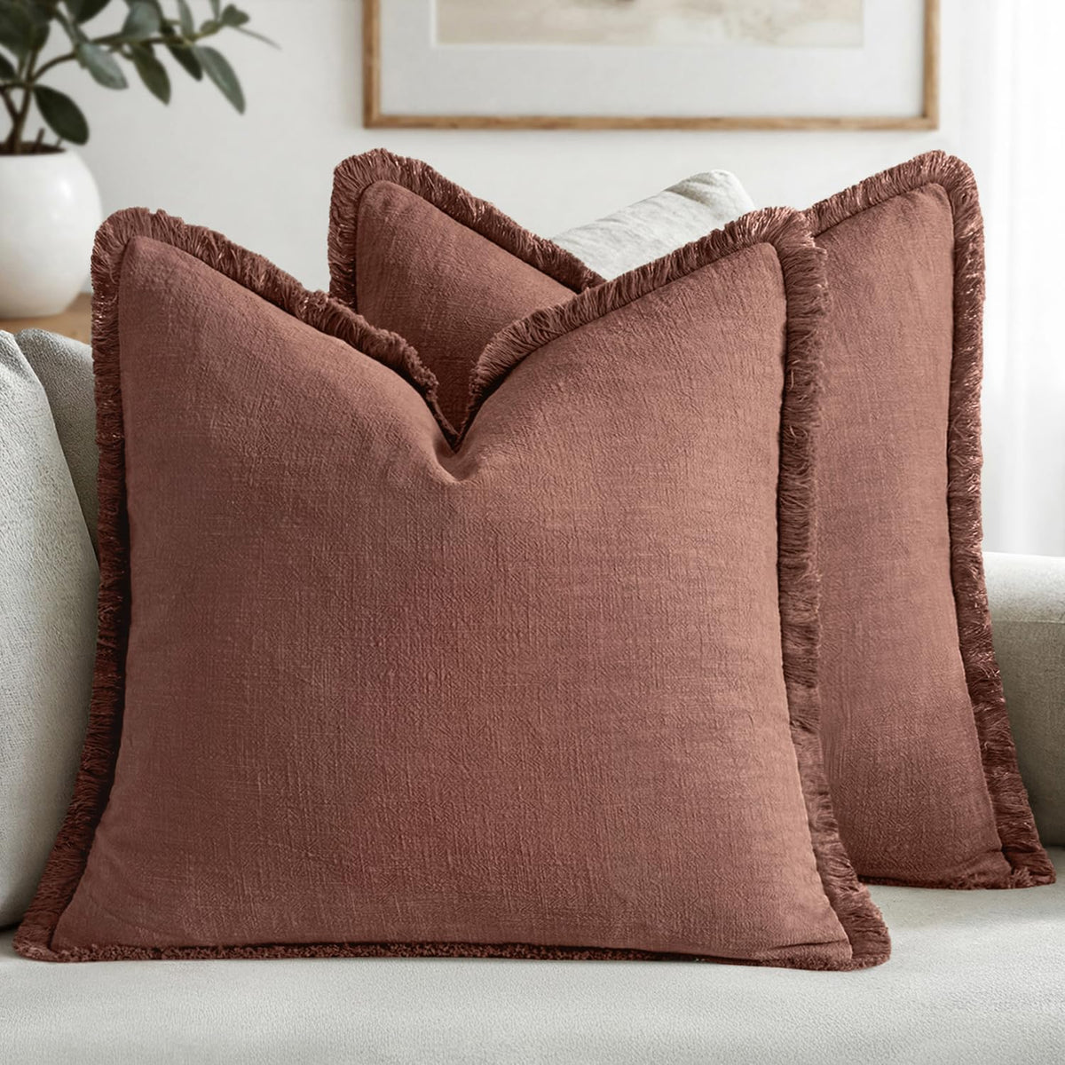 MIULEE Boho Linen Fringe Decorative Throw Pillow Covers Olive Green 20x20