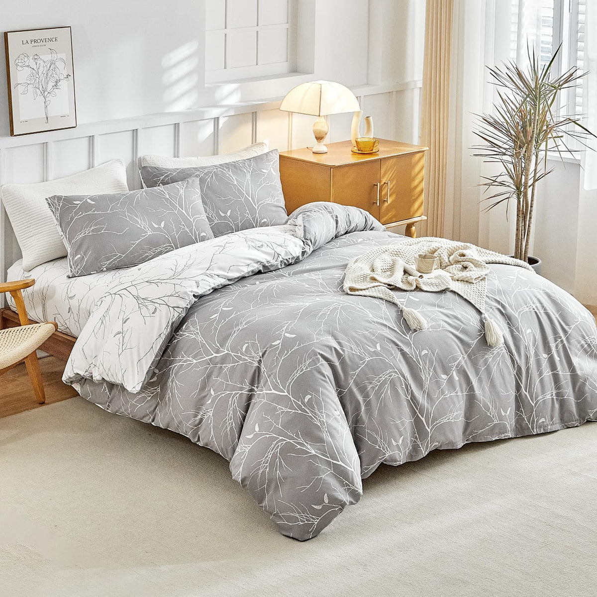 Lekesky Floral Duvet Cover Queen Size 3-Piece, Sage Green