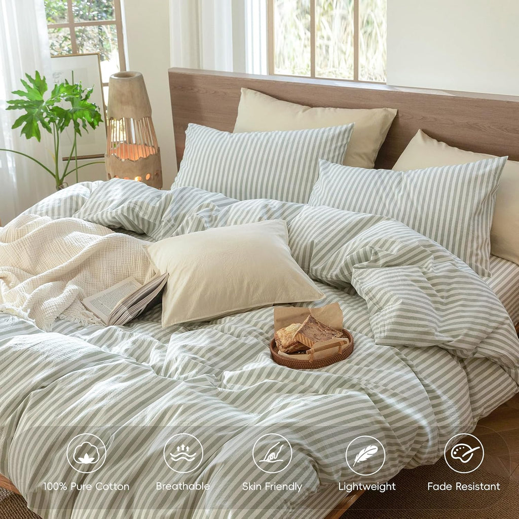MooMee Striped Duvet Cover Set 100% Washed Cotton Linen Like Queen