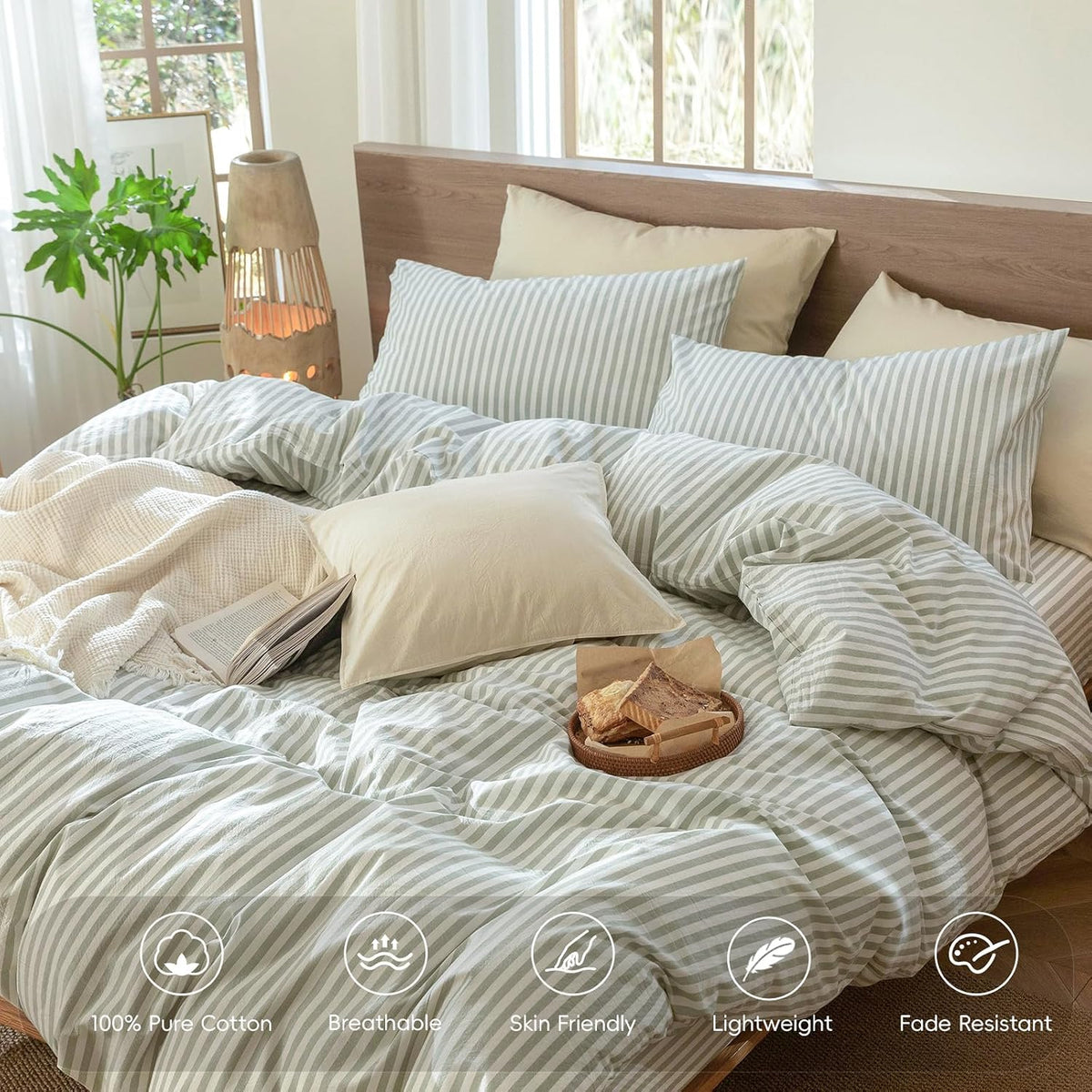 MooMee Striped Duvet Cover Set 100% Washed Cotton Linen Like Queen