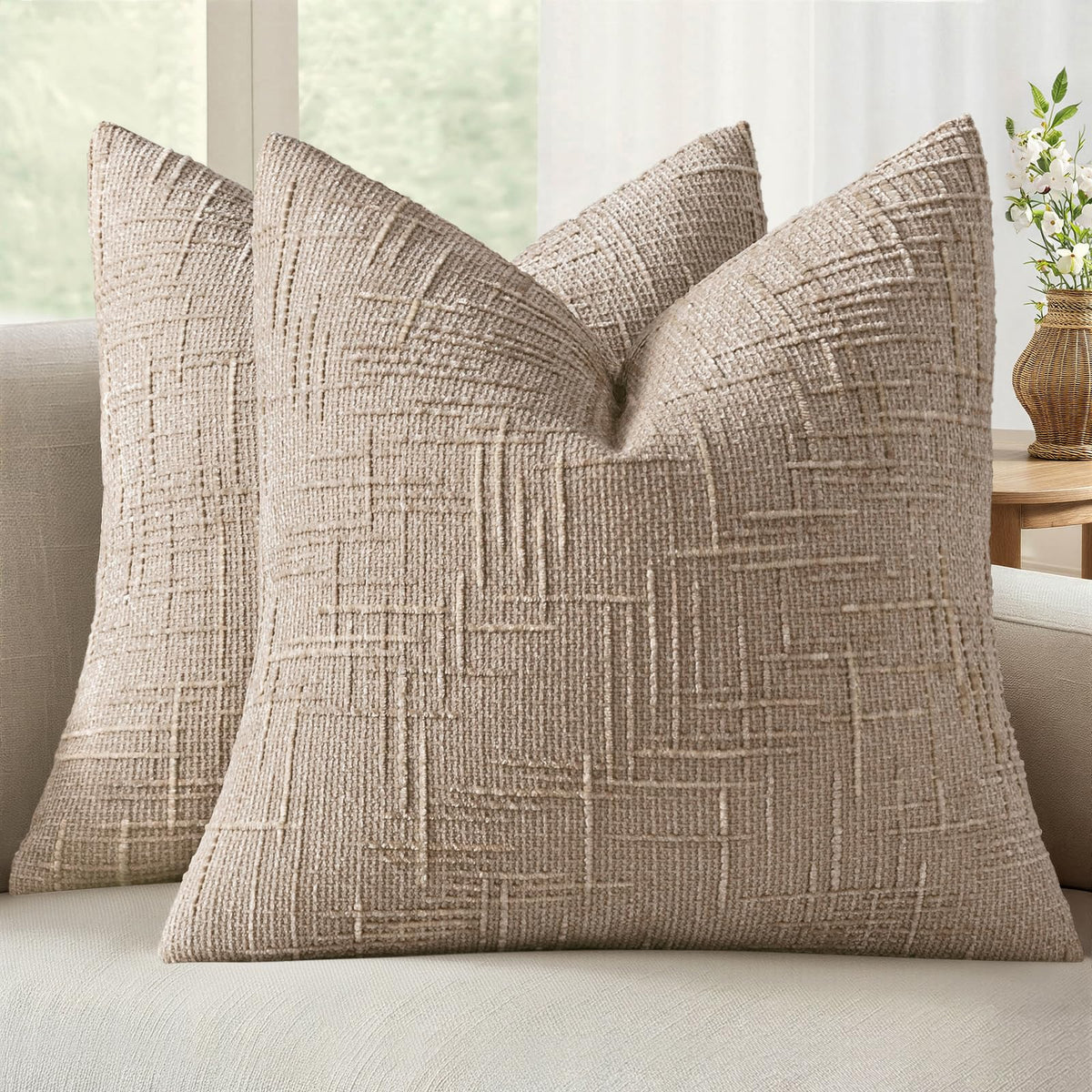 MIULEE Chenille Textured Throw Pillow Covers Cream White 20x20 Set of 2