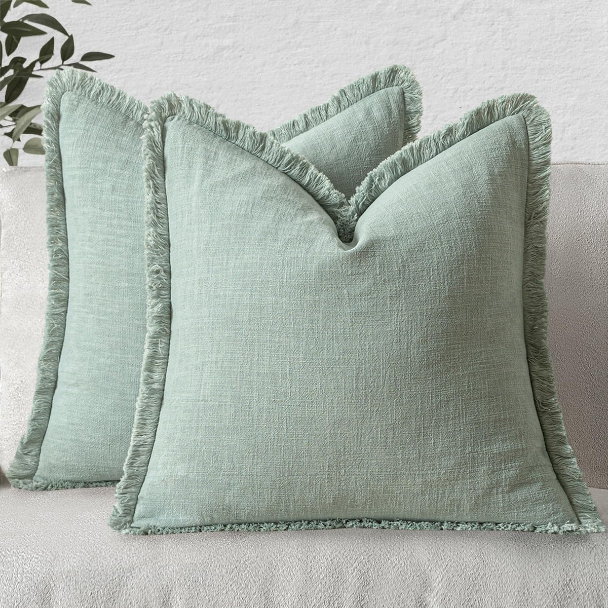 MIULEE Boho Linen Fringe Decorative Throw Pillow Covers Olive Green 20x20