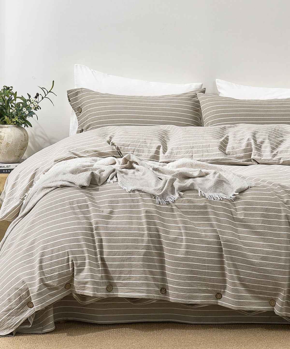 JELLYMONI 100% Washed Cotton Striped Duvet Cover Set King, Linen-Like