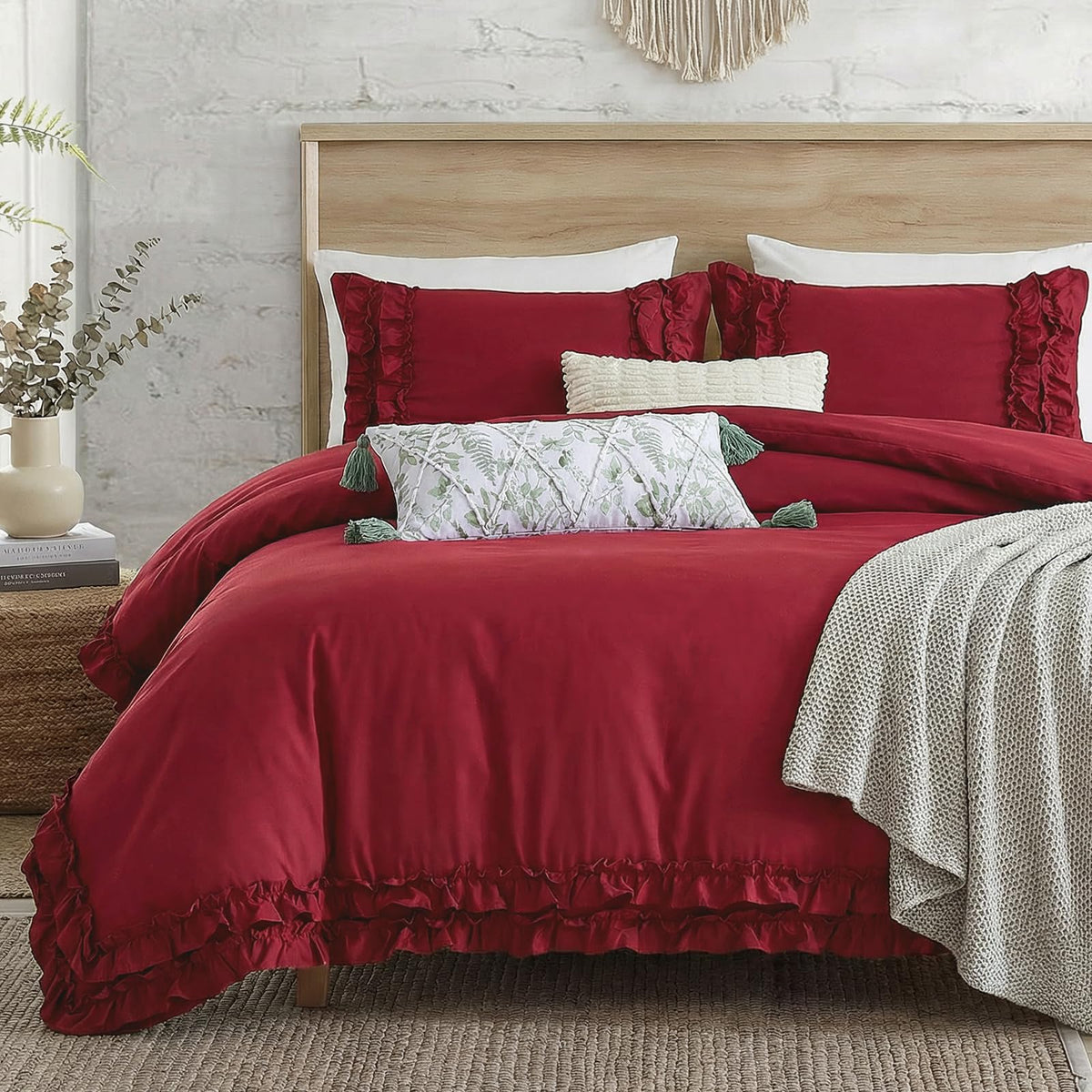 Bedorm Beige Duvet Cover Set Queen Ruffle Bedding Set Pleat Ruffled Shabby Chic Comforter Cover Extra Soft & Easy Care White Boho Duvet Cover with Zipper Closure