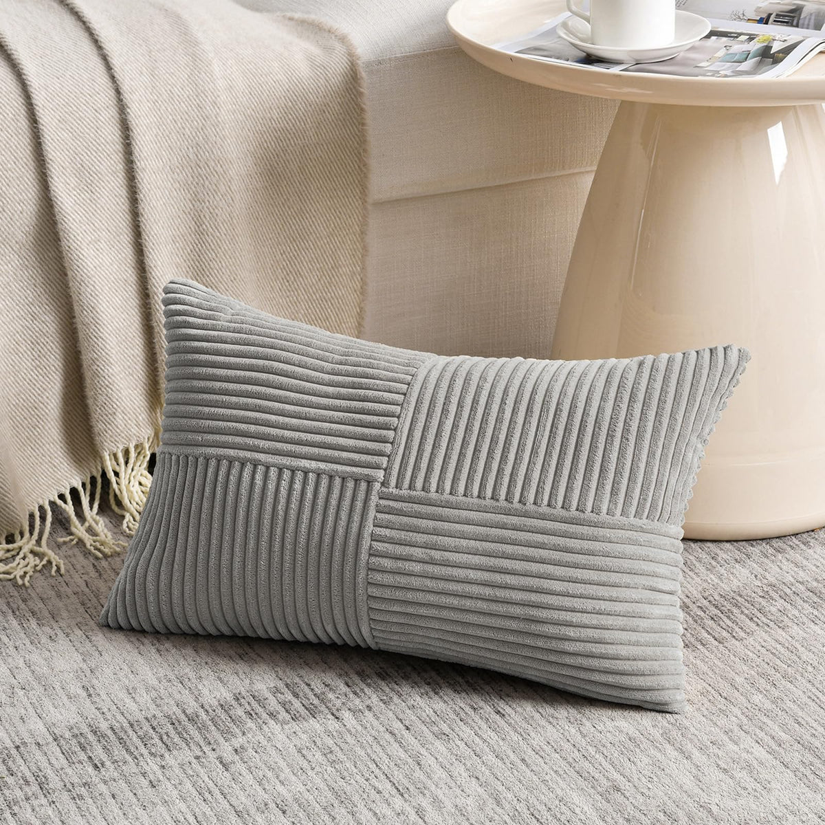 Fancy Homi Blush Pink Lumbar Decorative Throw Pillow Covers 12x20 Inch for Living Room Couch Bed, Rustic Farmhouse Boho Home Decor, Soft Striped Corduroy Rectangle Accent Cushion Case 30x50 cm