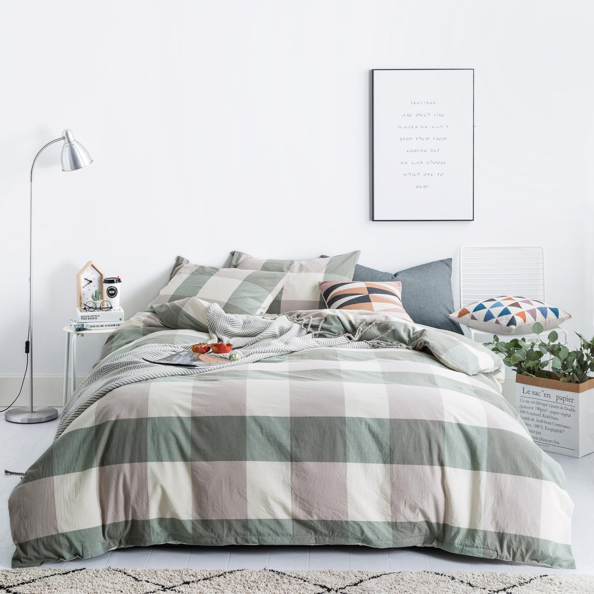 SUSYBAO Light Blue Gingham Duvet Cover Queen 100% Washed Cotton Blue Plaid Duvet Cover Set 3 Pieces 1 Blue Grid Duvet Cover with Zipper Ties 2 Pillow Cases Luxury Gingham Plaid Bedding Set Breathable