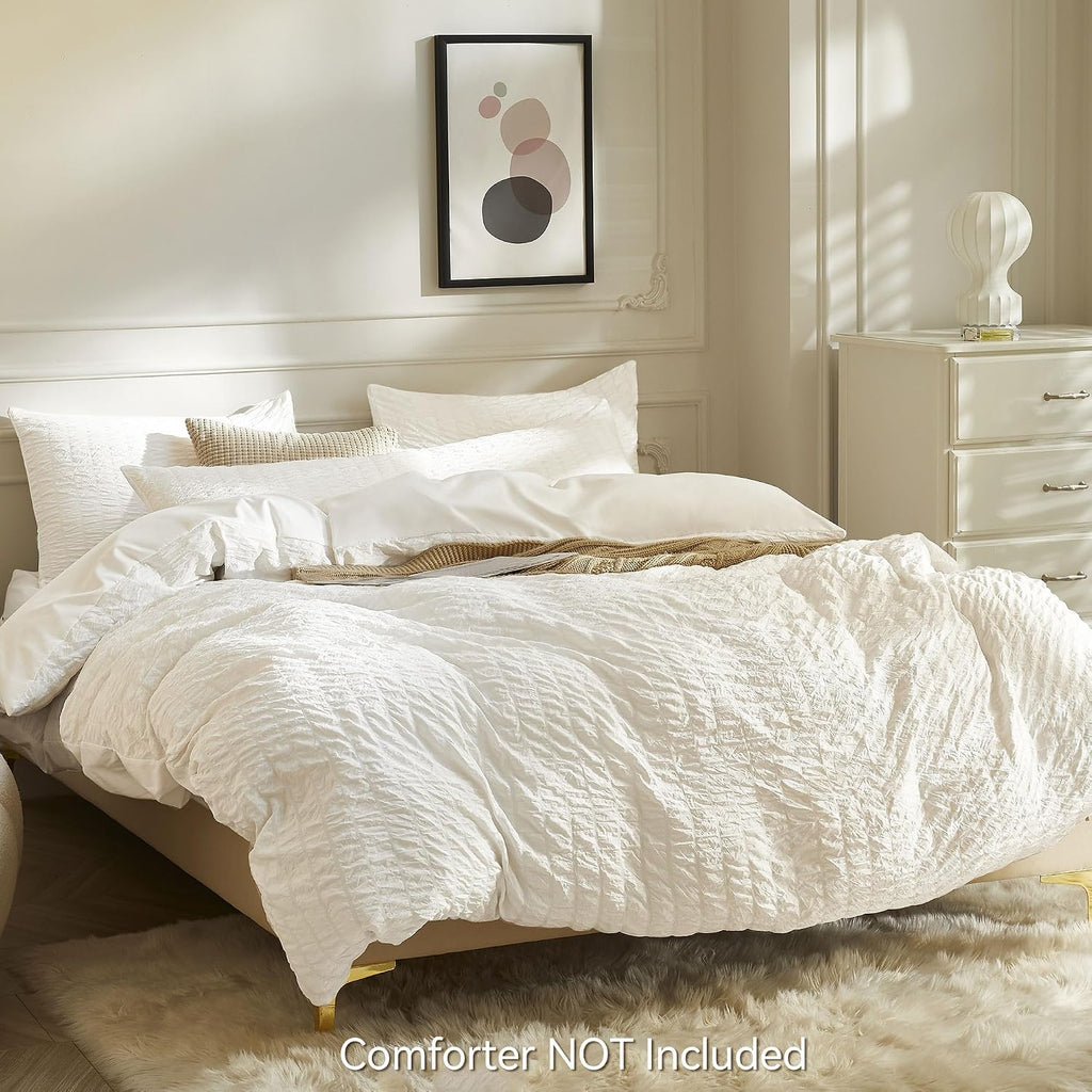 JELLYMONI White Seersucker Duvet Cover Set Queen Size