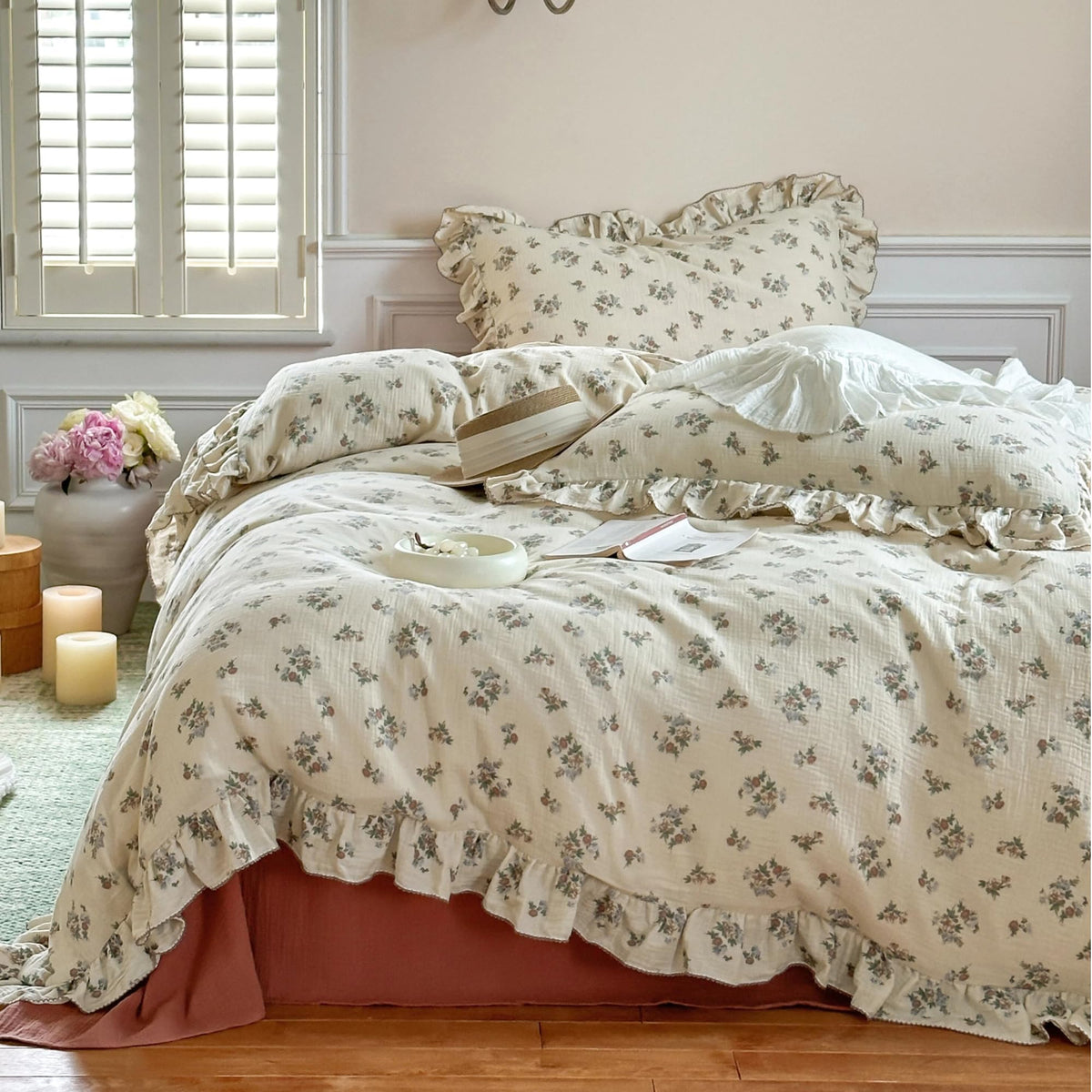 BuLuTu 100% Cotton Muslin Duvet Cover Twin for Kids Girls Boys, Shabby Chic Azalea Floral Duvet Covers Vintage Farmhouse Comforter/Quilt Cover with Ruffles, 68"x86", Zipper Closure, No Pillow