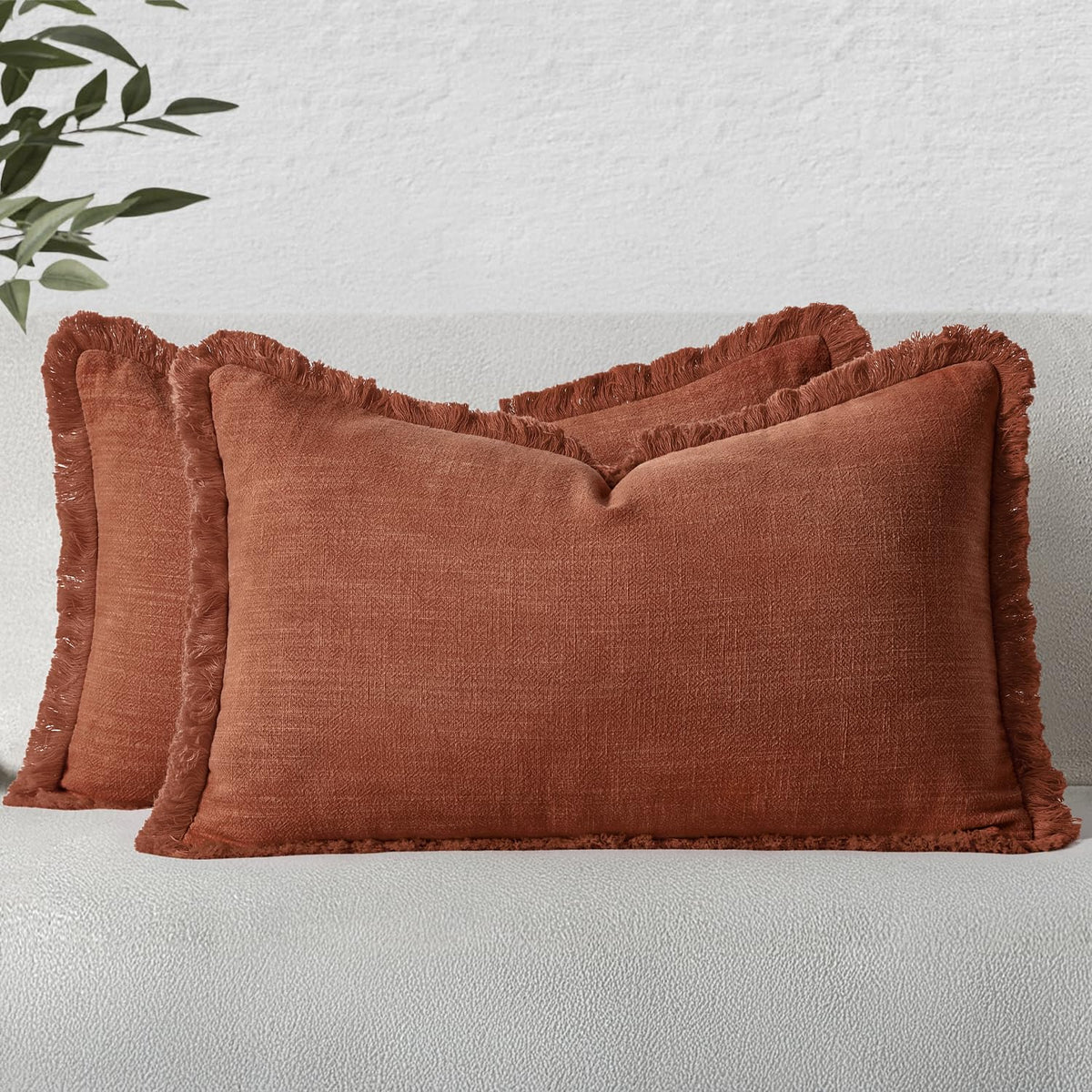 MIULEE Boho Linen Fringe Decorative Throw Pillow Covers Olive Green 20x20