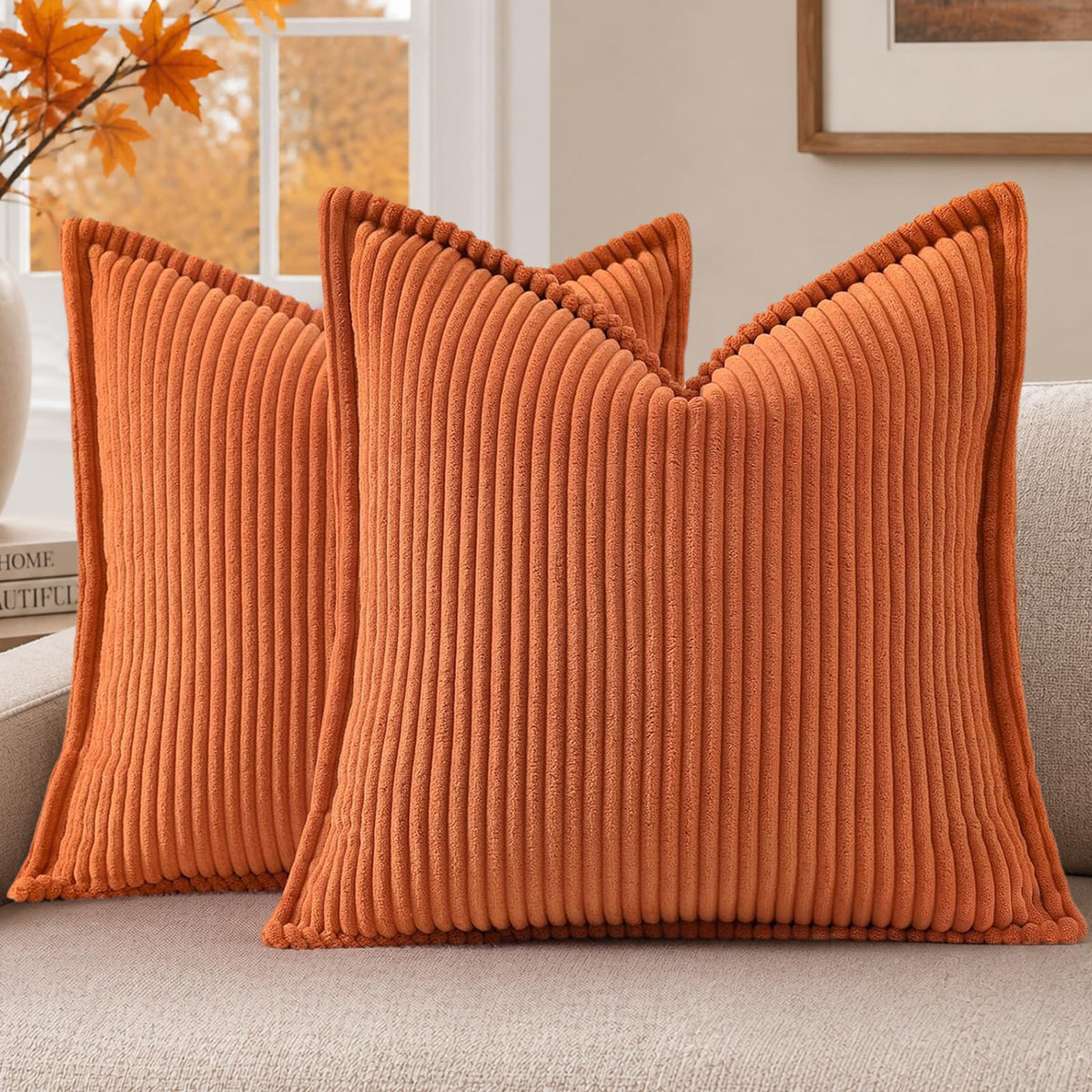 Mecatny Corduroy Fall Throw Pillow Covers 18x18 Set of 2 Olive Green