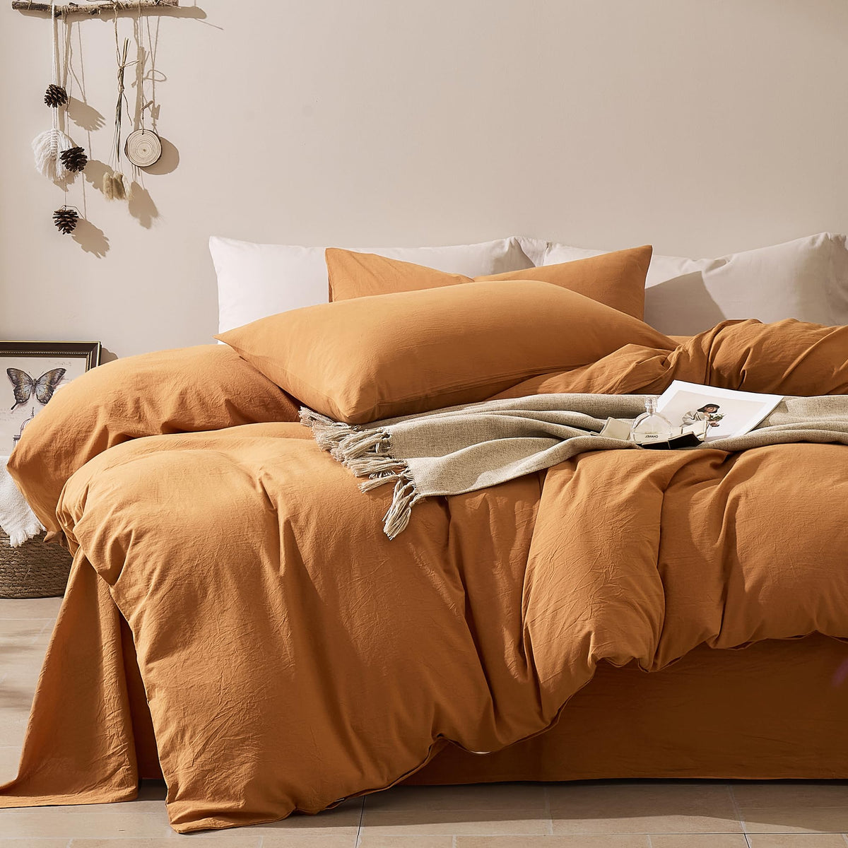 JELLYMONI 100% Cotton King Duvet Cover Set, Washed Linen-Like Texture