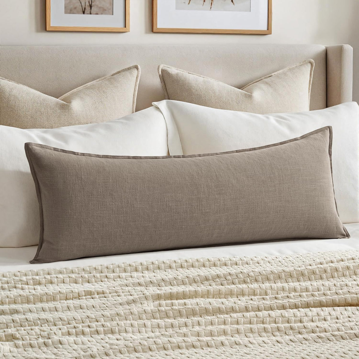 MIULEE Decorative Linen Lumbar Pillow Cover 14x36 Inch Natural Beige