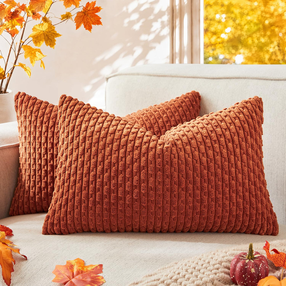 Kevin Textile Soft Corduroy 18x18 Inch Pillow Covers 2 Pack, Burnt Brick