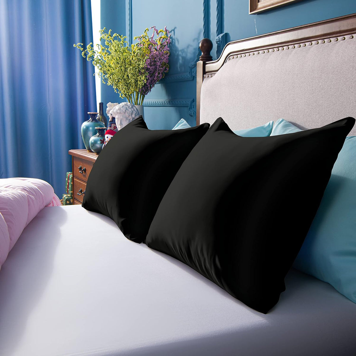 NTBAY Standard Satin Pillowcases, Set of 2, Zipper, Black