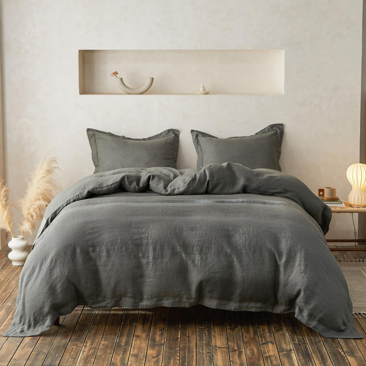 Simple&Opulence 100% French Flax Linen Duvet Cover Set with Embroidery Washed - 3 Pieces (1 Duvet Cover with 2 Pillow Shams) with Button Closure Soft Breathable Farmhouse - Linen, King Size