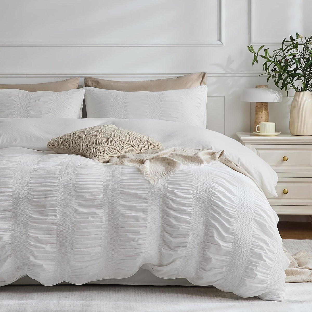 JELLYMONI White Seersucker Duvet Cover Set Queen Size
