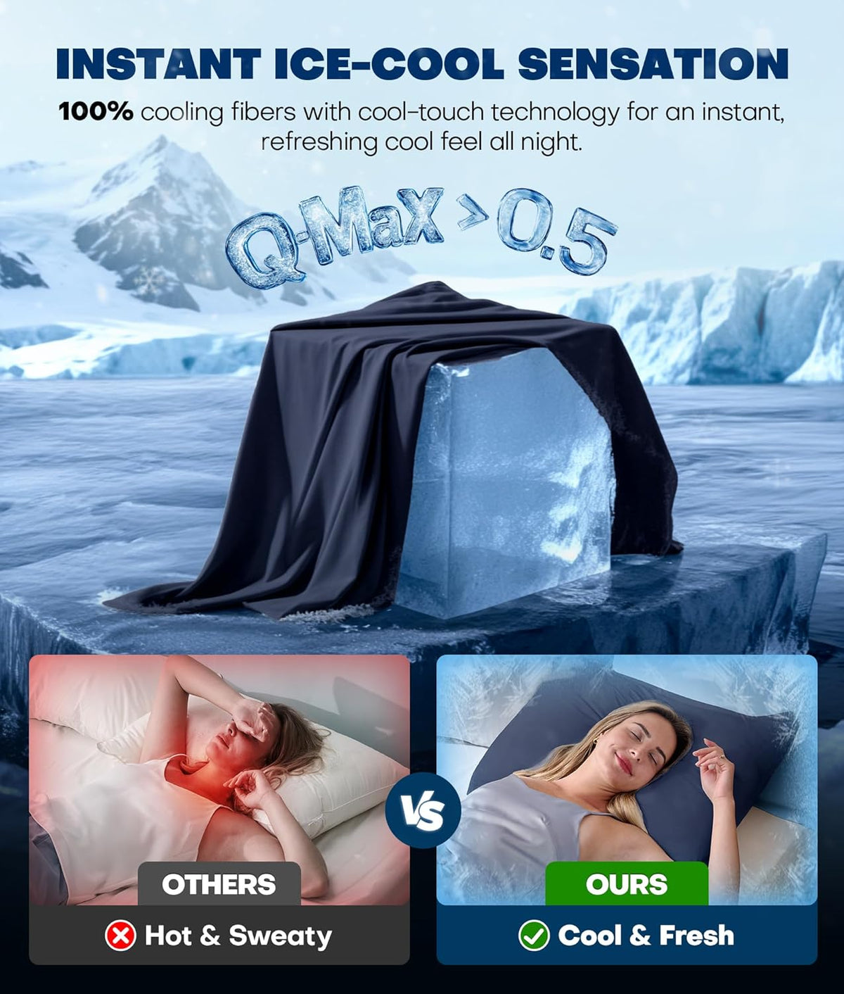 Ultra-Chill Cooling Pillowcase Set of 2 for Hot Sleepers, Softer Than Silk Pillow Cases for Protecting Hair & Skin, Breathable Bed Pillow Covers w/Zipper, Gifts for Women Men (Navy Blue, Standard)