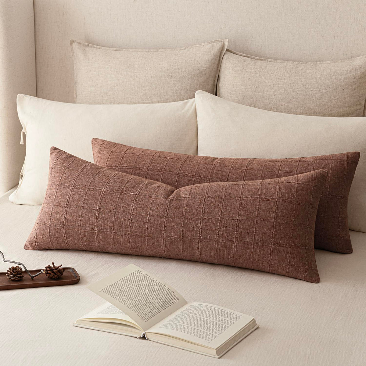 Foindtower Boho Linen Check Decorative Throw Pillow Cover 18×18 Olive Green