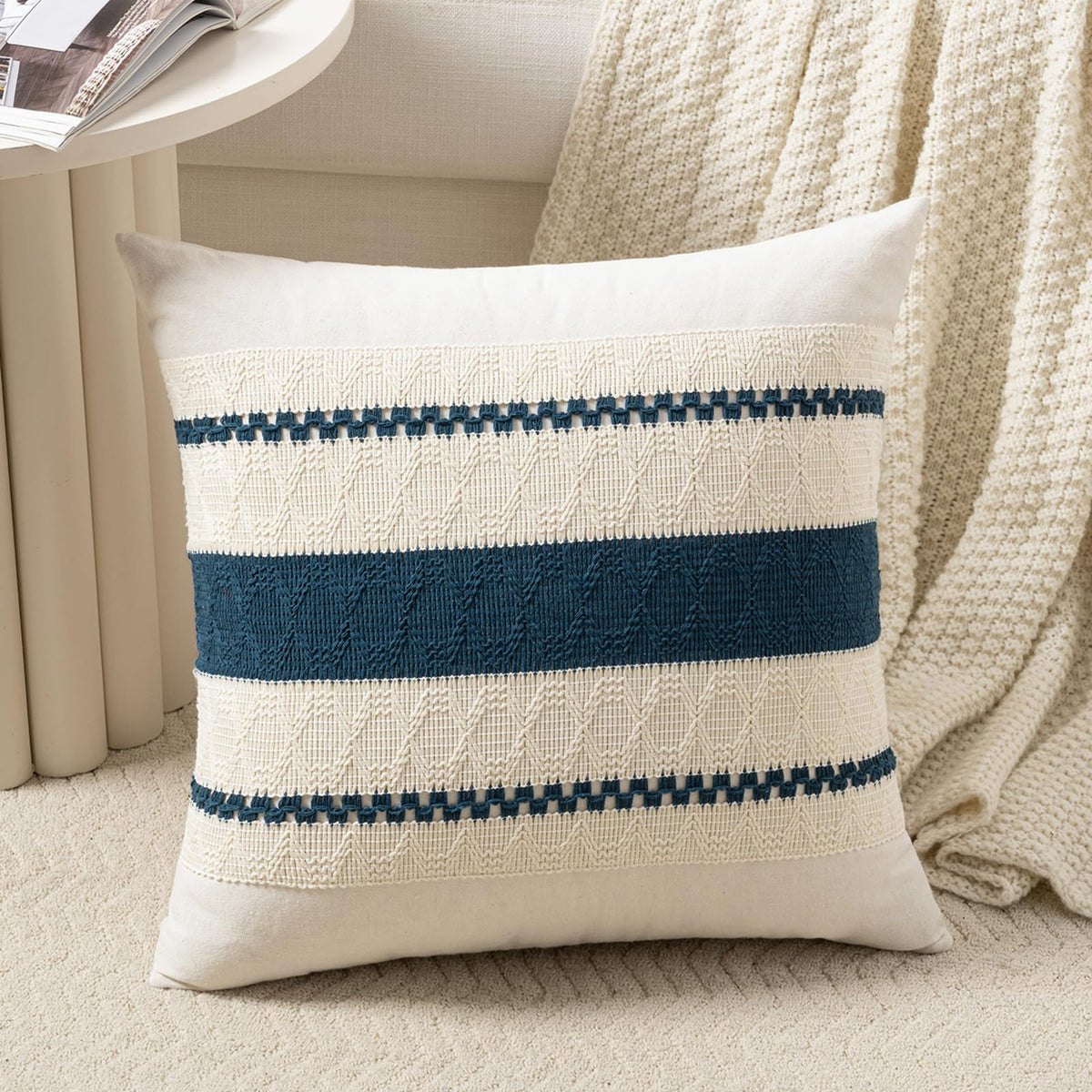 Fancy Homi Set of 1 Navy Blue Lumbar Decorative Throw Pillow Covers 12x20 Inch for Couch Bed Sofa Living Room, Soft Cotton blend Woven Textured Cushion Case