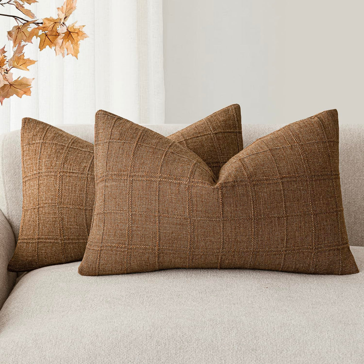 Foindtower Boho Linen Check Decorative Throw Pillow Cover 18×18 Olive Green