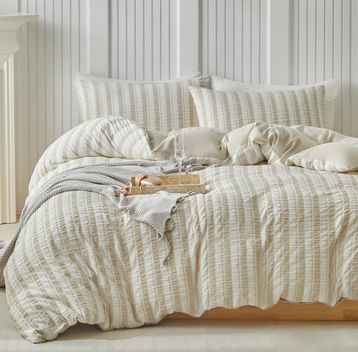 DuShow Grid King Duvet Cover Set - Tan Gingham Washed Microfiber Comforter Cover Set, 3 Pieces Plaid Checkered Soft Reversible Bedding Set(Tan,King)