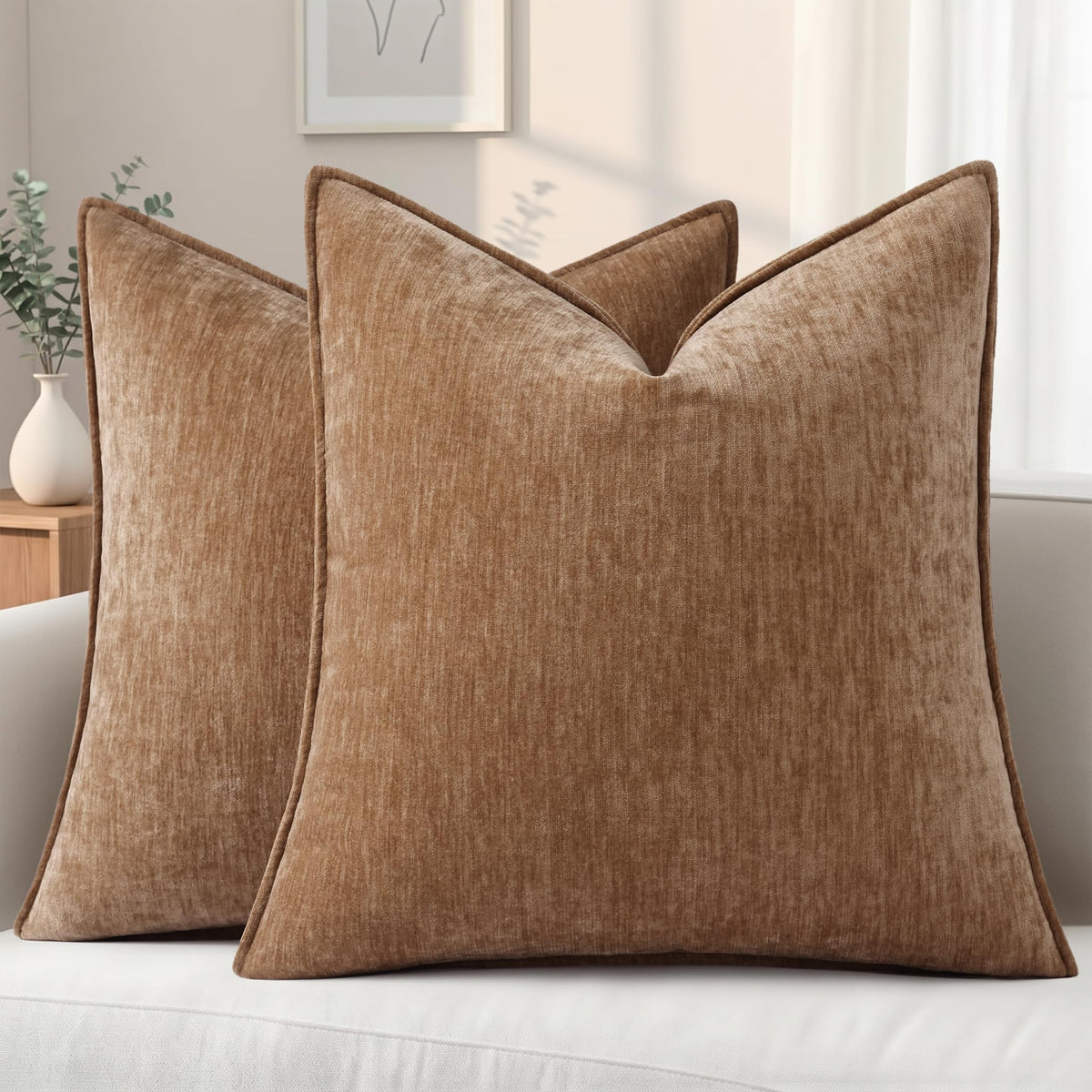 decorUhome Chenille Beige Velvet Throw Pillow Covers 20x20 Set of 2