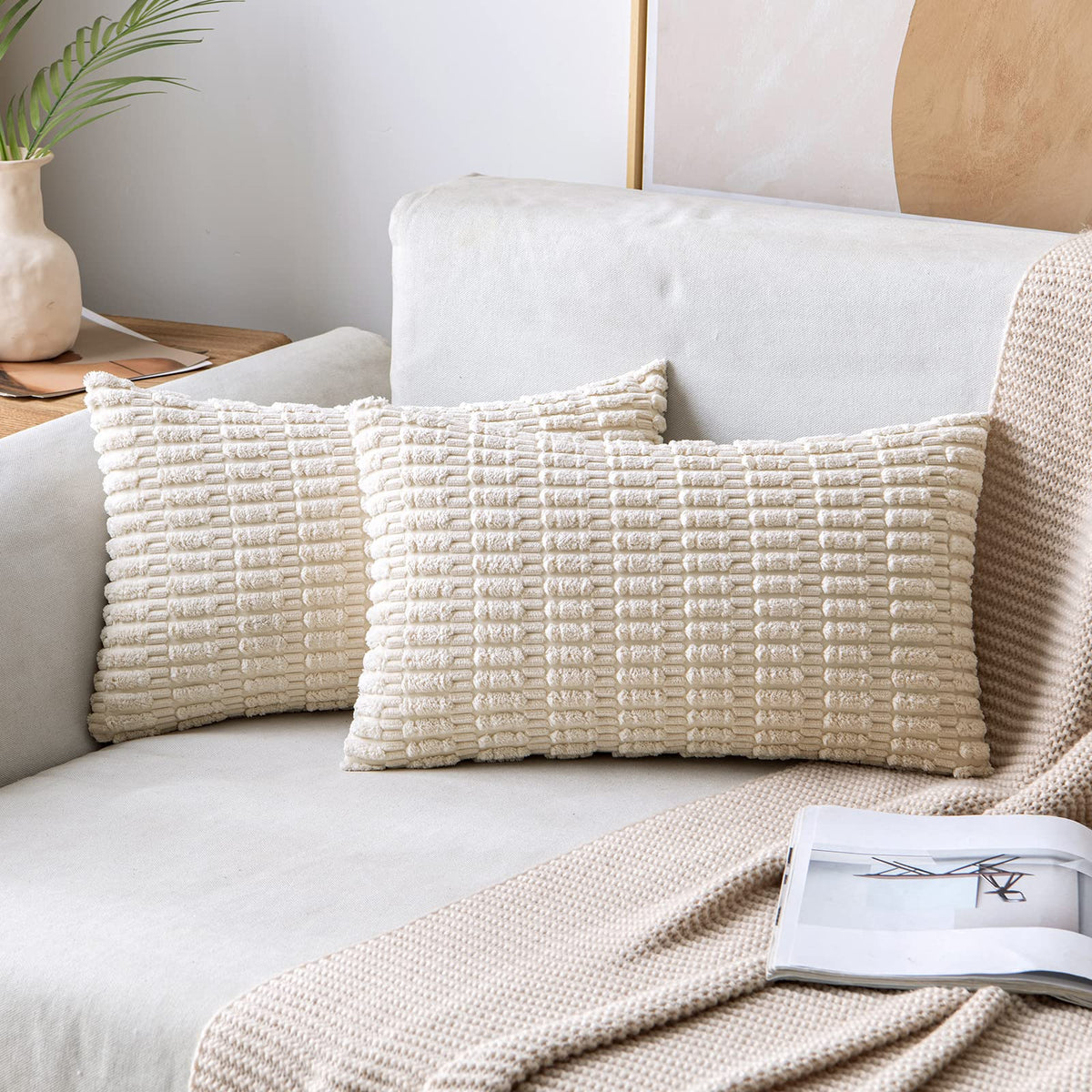 MIULEE Corduroy Decorative Throw Pillow Covers 20x20 Cream White Pack of 2
