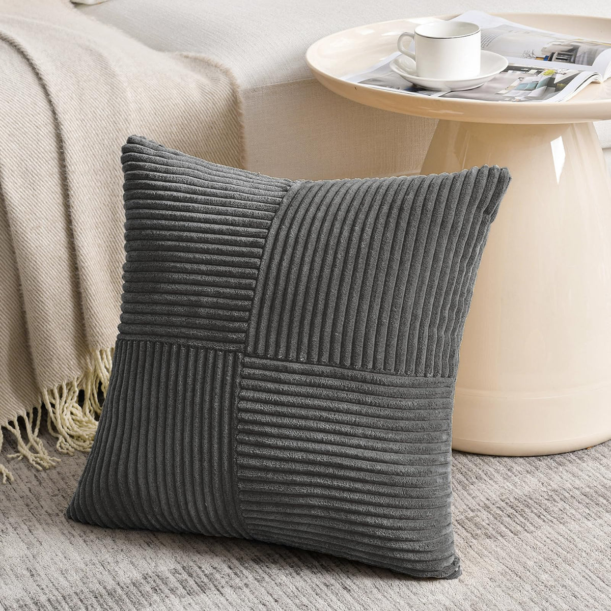 Fancy Homi Blush Pink Lumbar Decorative Throw Pillow Covers 12x20 Inch for Living Room Couch Bed, Rustic Farmhouse Boho Home Decor, Soft Striped Corduroy Rectangle Accent Cushion Case 30x50 cm